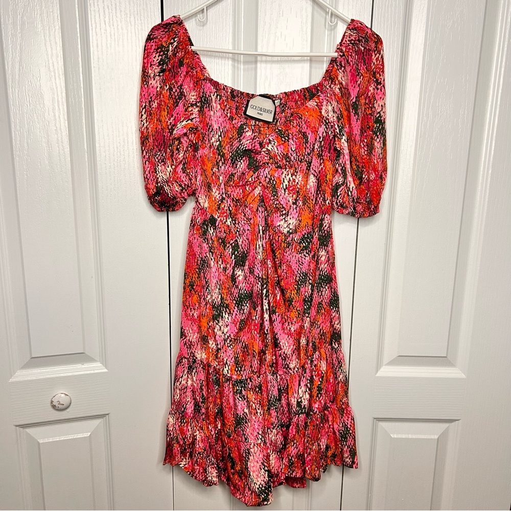 Gold & Silver Paris Women’s Small Vibrant‎ Pink Black Mini Dress Puff Sleeves